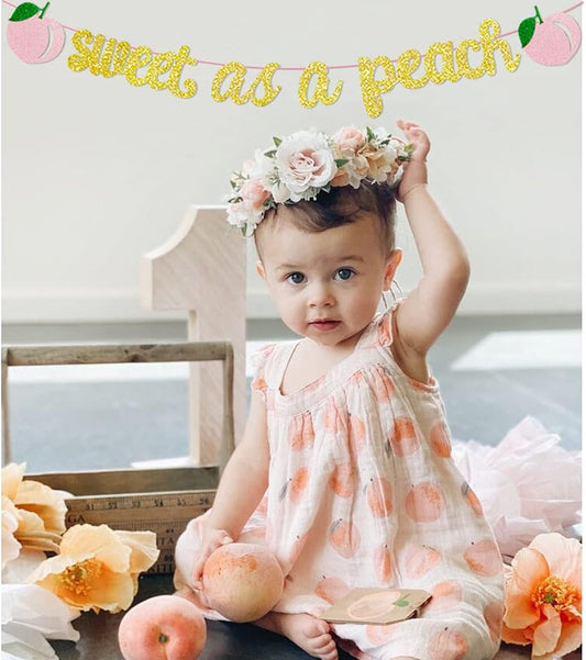Sweet As a Peach Banner, Glitter Pink Fresh Fruit Theme Banner for Girl Peach Birthday Party Decorations Baby Shower