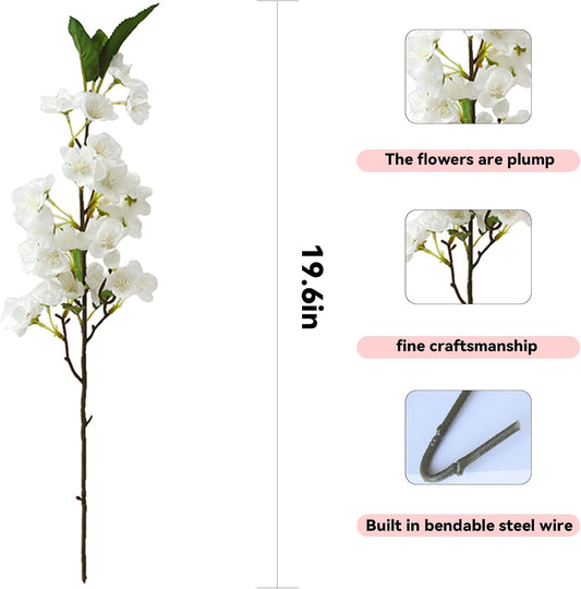 6Pcs Artificial Cherry Blossom Branches for Spring Summer Indoor Decoration,Faux Cherry Blossom Flowers,Silk Fake Peach Flower for Wedding Office Party Home Table Centerpieces Decor(White)