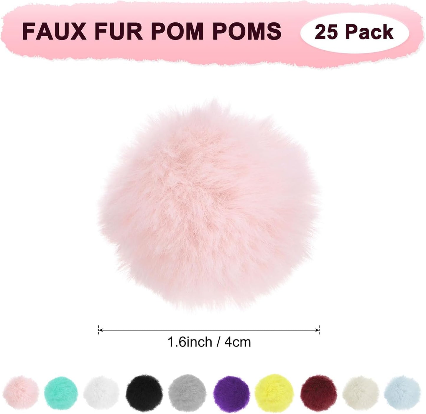 M METERXITY 25-Pack Faux Fur Pom Poms, 1.2 Inch/ 1.6 cm Soft Fluffy Pompoms Balls Faux Rabbit Fur with Elastic Loop for Hats/Bags/Keychains/Knitting Accessories/DIY Crafts [Pink]