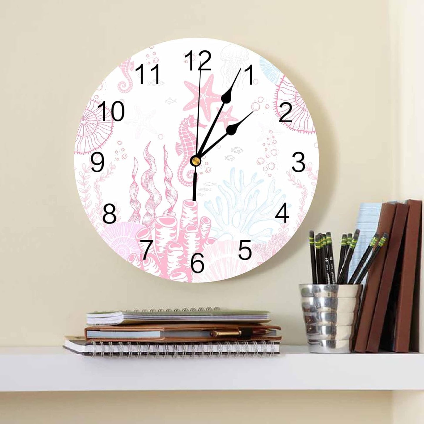 Wall Clock Pink Coral Clocks PVC Silent Non-Ticking Battery Operated Decorative Starfish Seahorse Seahorse Shell Round Clock for Home Living Room Kitchen Bedroom Office School Wall Decor 10 Inch
