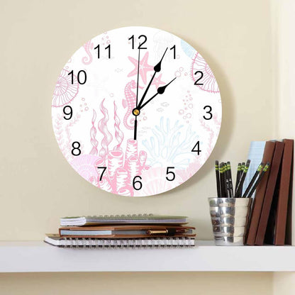 Wall Clock Pink Coral Clocks PVC Silent Non-Ticking Battery Operated Decorative Starfish Seahorse Seahorse Shell Round Clock for Home Living Room Kitchen Bedroom Office School Wall Decor 10 Inch
