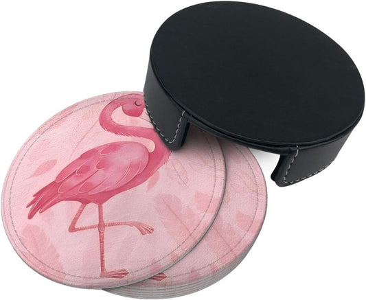 6 Pcs Pink Cute Flamingo Modern Art Boho Leather Coasters for Drinks with Holder Coaster Sets Drink Table Cup Coasters for Living Room Kitchen Coffee Decor