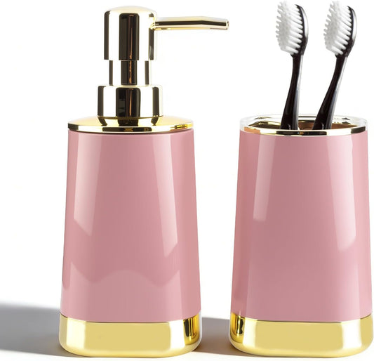 Bathroom Accessories Set, 2Piece Pink and Gold Bathroom Accessories Include Soap Dispenser and Toothbrush Holder for Modern Bathroom Decor