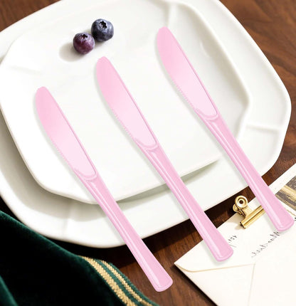 SietDESEO 25 PCS Light Pink Plastic Knives Disposable Utensils Heavy Duty Baby Pink Knives Disposable Cutlery for Birthday Wedding Baby Shower Bridal Shower Plastic Silverware