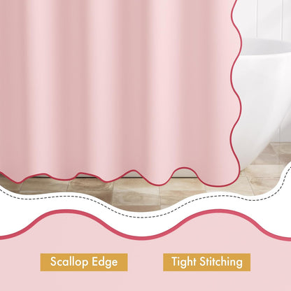 Bathway Pink Scalloped Shower Curtain with 12 Metal Hooks, Cute Heavy Duty Washable Curtains for Bathroom Hotel Bathtub, Water Repellent, 72 x 72 Inches