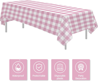 Light Pink Gingham Party Tablecloth Decorations, 3 Pack Pink Checkered Disposable Plaid Party Supplies Tablecover, for Birthday Baby Shower Bridal Wedding, 55in x 86in