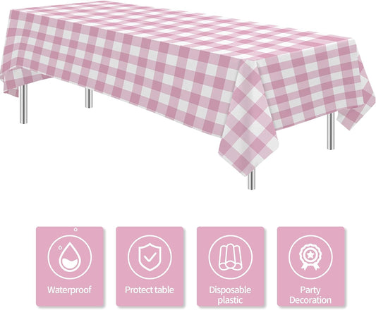 Light Pink Gingham Party Tablecloth Decorations, 3 Pack Pink Checkered Disposable Plaid Party Supplies Tablecover, for Birthday Baby Shower Bridal Wedding, 55in x 86in