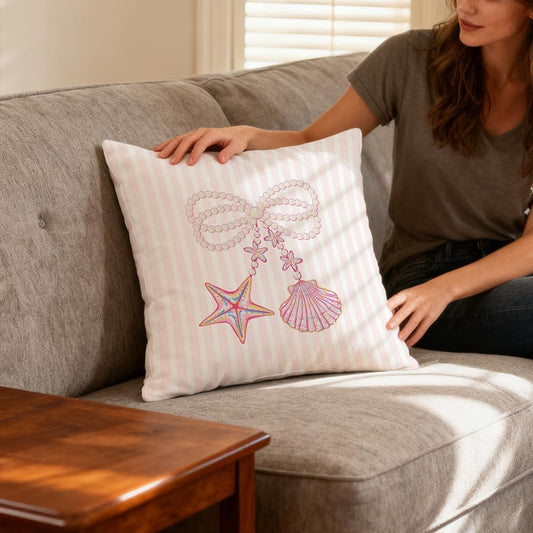 Coquette Pink Starfish Shell Pearl Bow Coastal Pillow Covers 18x18, Preppy Beach Room Decor, Girly Pink Striped Beach Decorative Throw Pillow Covers for Girls Bedroom Dorm Apartment