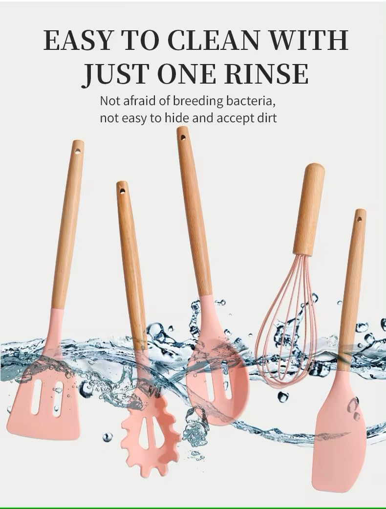 12-Piece Silicone Kitchen Utensil Set: Heat resistant up to 446°F. Includes Turner, Tongs, Spatula, Spoon, Brush, Whisk, Wooden Handles, Holder for Nonstick Cookware. (Pink), Medium