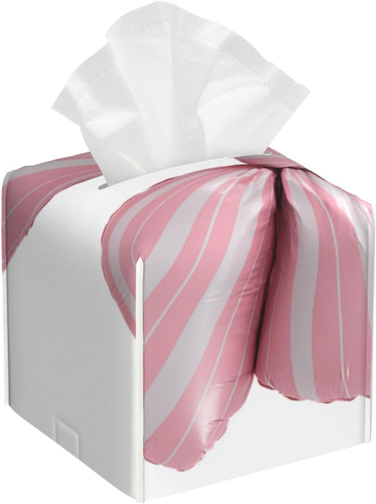 Light Pink Bow Balloon Candy Stripe Pattern Tissue Box Cover Square Pu Leather Waterproof Tissue Box Holder for Car Bathroom Bedroom Office Tabletop Decor