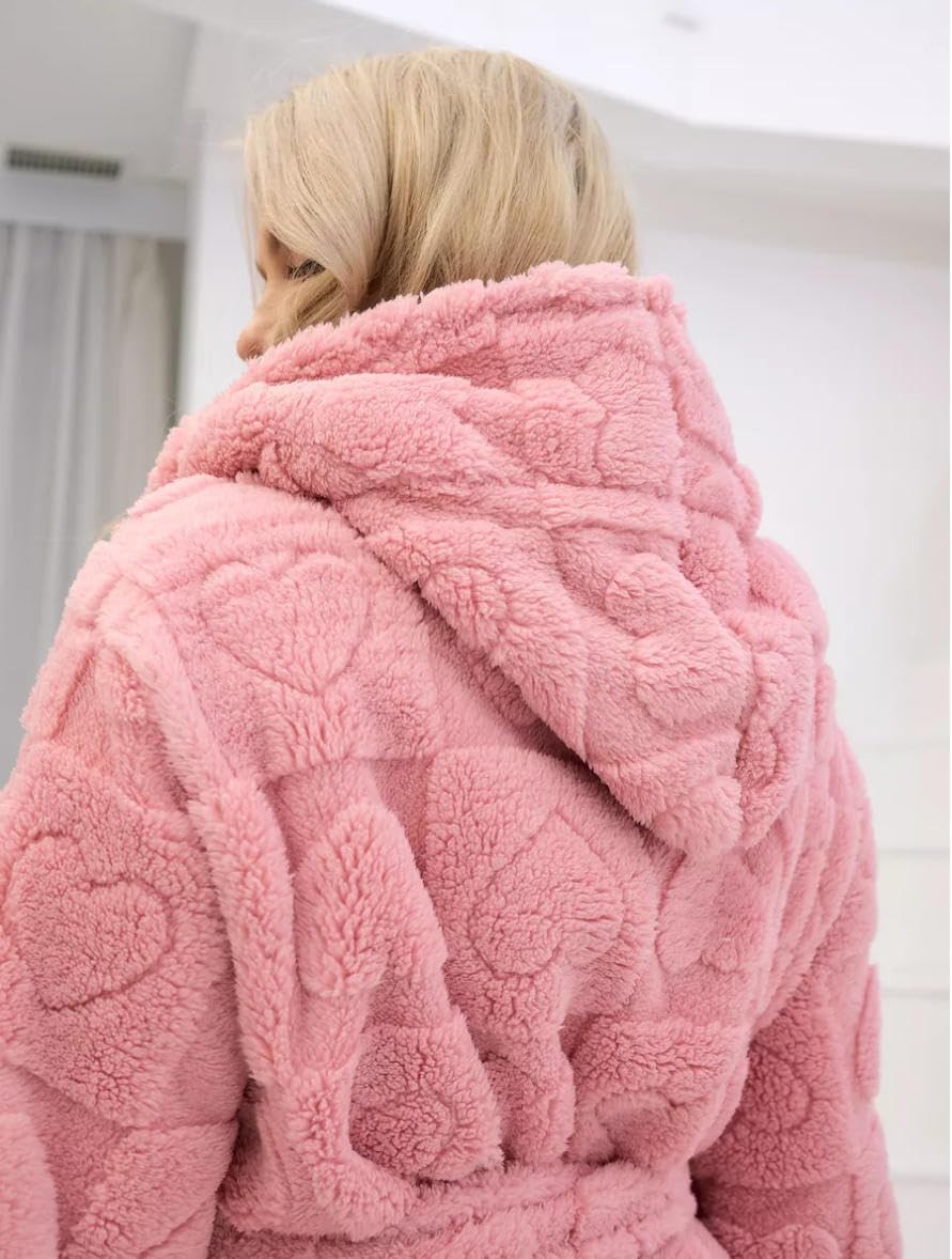 Womens Plush Hooded Robe Heart Long Fleece Bathrobe with Belt and Pockets Loungewear Cozy House Coat