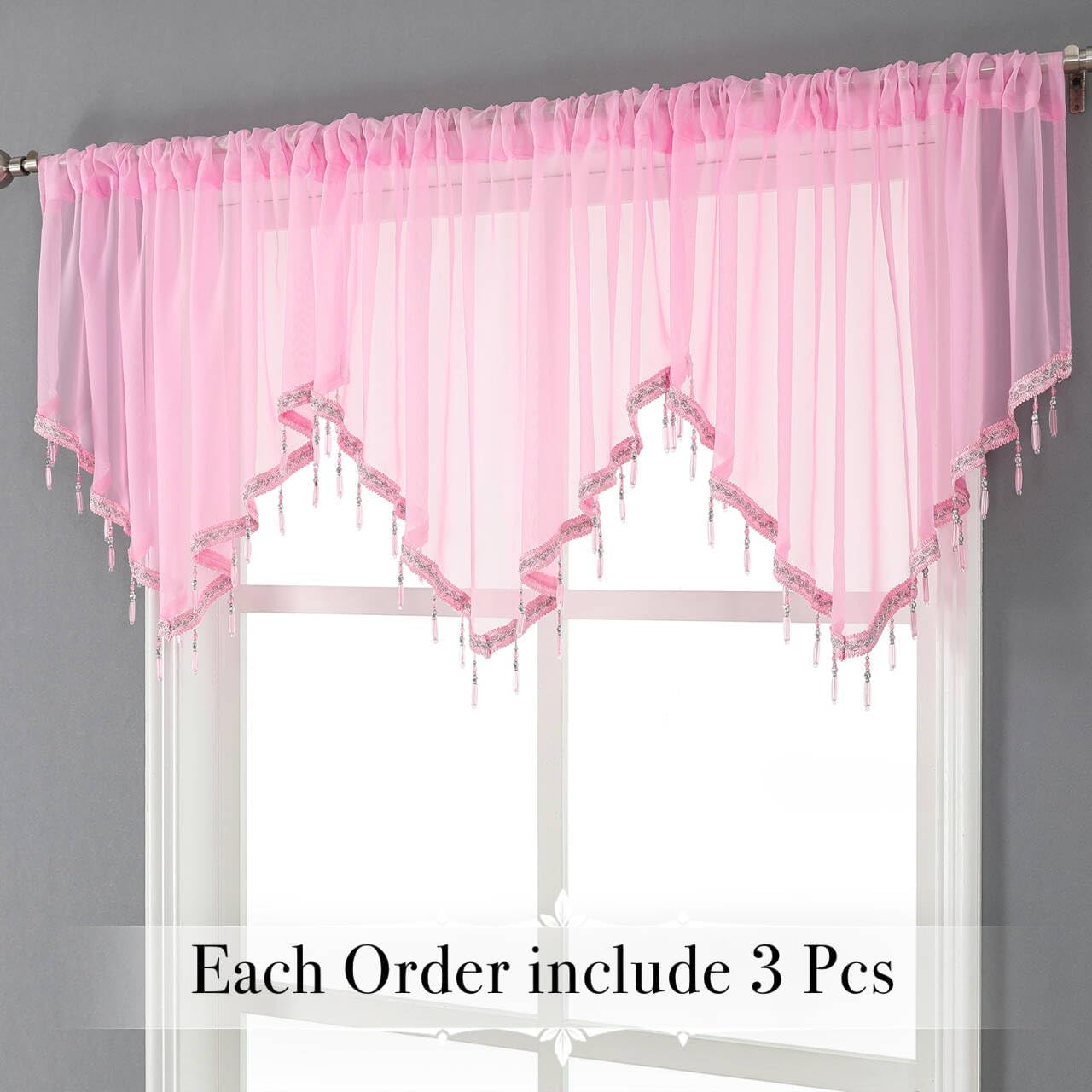 WUBODTI Pink Sheer Valance Curtains 3 Pcs for Bathroom Windows, Rod Pocket Beaded Trim Tassel Semi Sheer Voile Window Valance Room Decor Kitchen Curtains for Grils Bedroom Cafe, Each W51 x L24 Inch