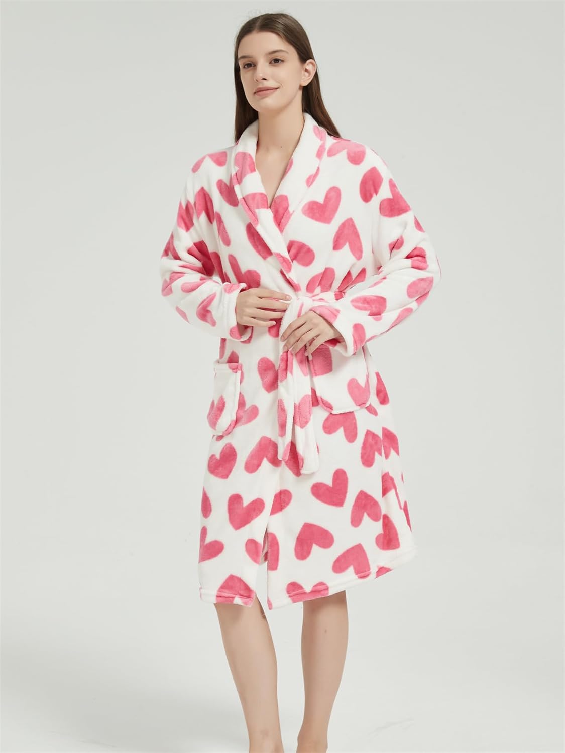Women's Pink Heart Printed Wrapped Belted Flannel Lounge Robe, Casual Pocket Shawl Collar Thermal Robe