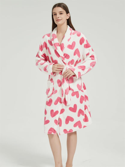 Women's Pink Heart Printed Wrapped Belted Flannel Lounge Robe, Casual Pocket Shawl Collar Thermal Robe