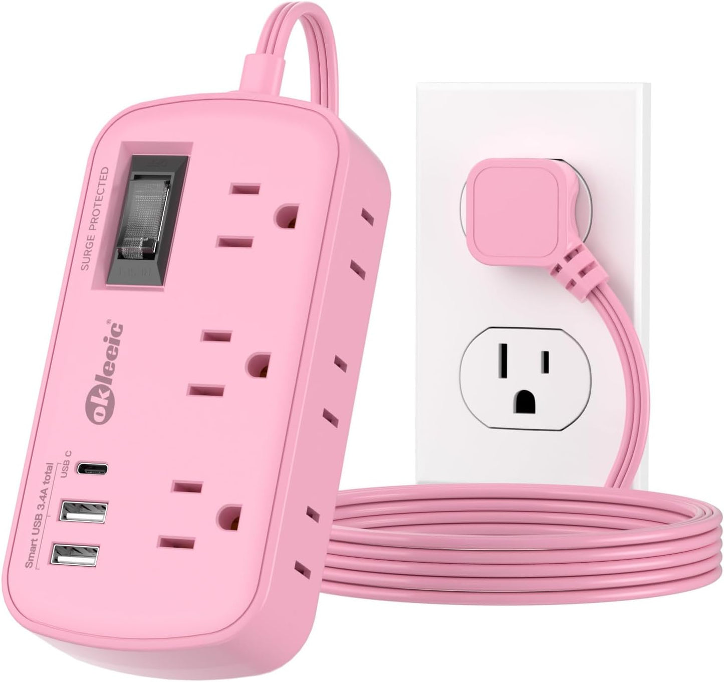 Pink Extension Cord - 5Ft Travel Power Strip with 3 USB(1 USB C) 17W Charging Station and 6 Outlets, Pink Desk Accessories with Surge Protector for Cute Kawaii Gifts College Dorm Desk
