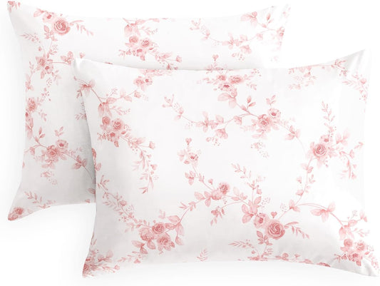 Wake In Cloud - Floral Pillow Cases, Vintage Flower Shabby Chic Cottagecore Farmhouse Aesthetic, Set of 2 Soft Pillowcases Pillow Shams Covers, Pink White, Standard Size 20x26 Inches