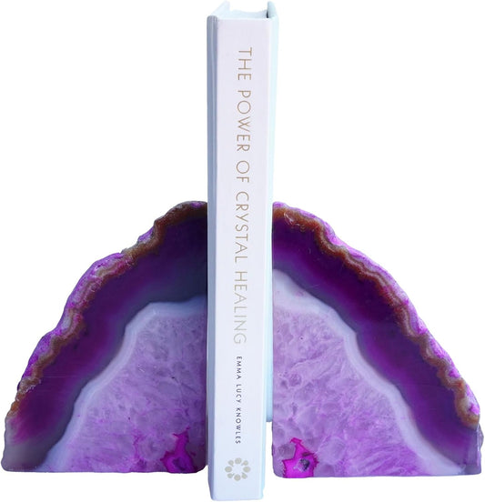 Natural Pink Dyed Agate Geode Bookends - 2 to 3 lb Heavy Duty Rock Crystal Stone Book Ends for Shelves, with Rubber Bumpers, Decorative Book Holders for Home Office