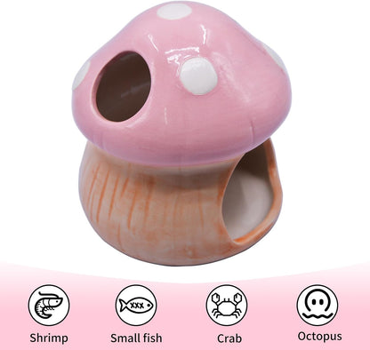 Aquarium Mushroom House Decorations, Ceramic Fish Tank Hideout Landscaping, Small Fish Hideaway Spawning Cave Decor for Shrimp Goldfish (Pink)