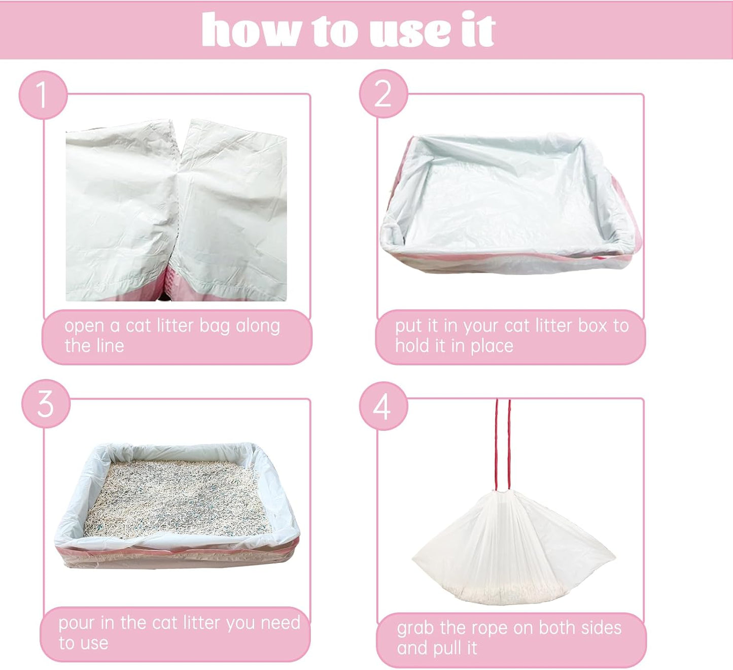 30 Count 37" x 18" Cat Litter Box Liners Large Drawstring Cat Litter Bags Pink Pan Liners for Pet Litter Tray