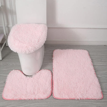 BXEBUI Microfiber Bathroom Rug Sets 3 Piece, Non Slip Contour Mat Toilet Lid Cover and Bath Rug Mats Shower Mats for Bathroom Tub Toilet (Pink)