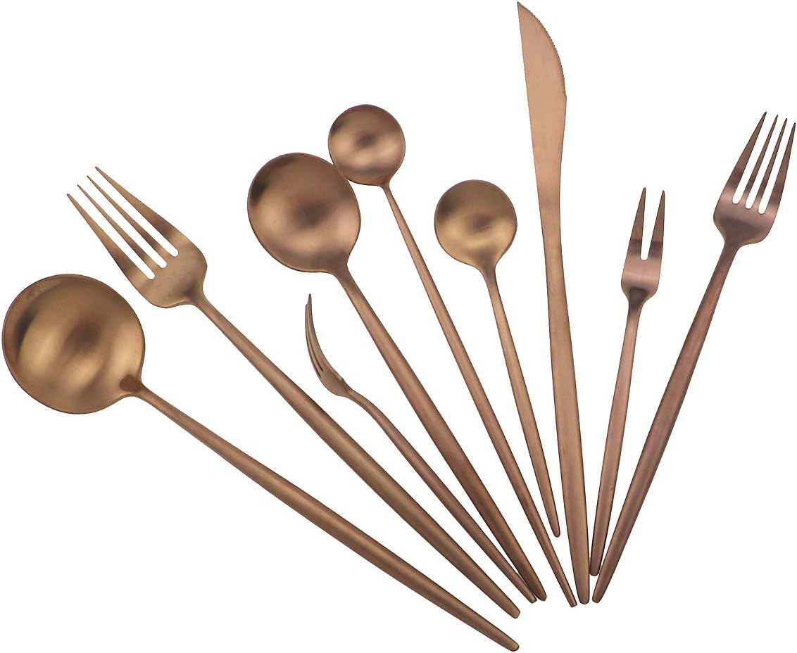 5 Pcs Dessert Spoon Set Silverware Set – 304 Stainless Steel Rose Gold Utensil Salad Spoon Set, Matte Copper Curved Design Cutlery 7.09 inches