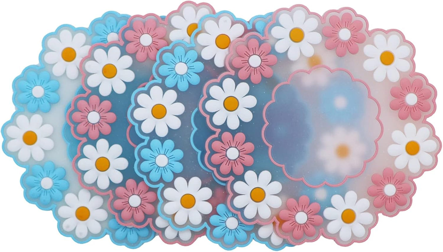 Coasters for Drinks, Cute Coaster for Coffee Table Set of 4 Non-Slip PVC Silicone Coasters for Tabletop Protection, Daisy Flower Pattern Heat Insulation Placemat (2 Pink+2 Blue)