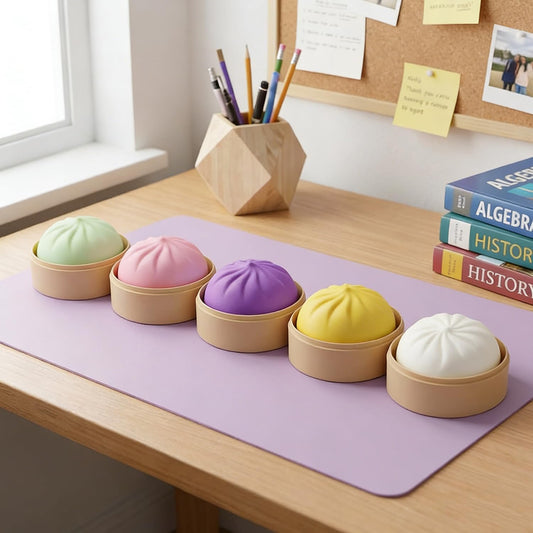 Dumpling Squishy, Mystery Squishy Dumpling Box, Soft Squeeze Dough Ball for Stress Relief, Stretchy Bun with Mini Food Steamer Desk Fidget Toy for Adults Office Home (Pink)