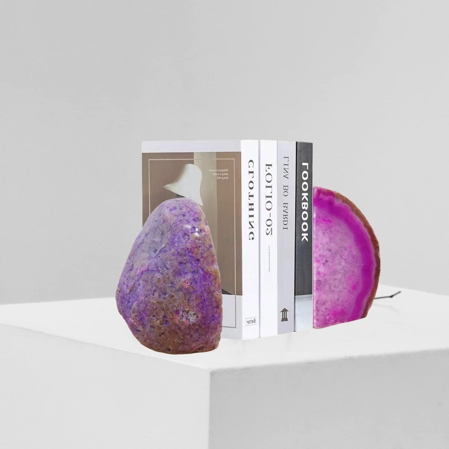 Geode Bookends Agate Decor Book Ends Unique Crystal Bookend Dyed Pink for Home Decorative 1 Pair 2-3 Lbs