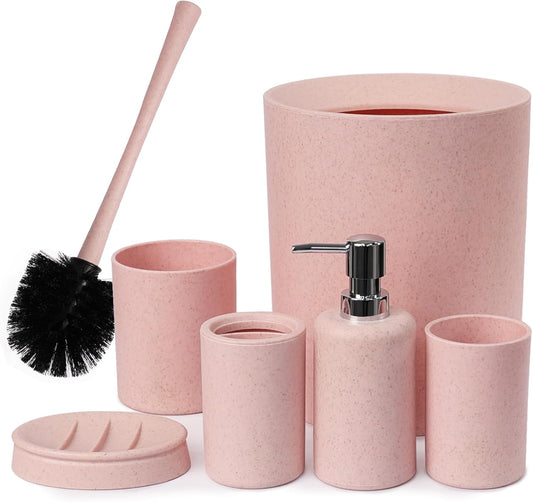 CERBIOR Bathroom Accessories Set 6 Piece Wheat Straw Bath Ensemble Includes Soap Dispenser, Toothbrush Holder, Toothbrush Cup, Soap Dish for Decorative Countertop and Housewarming Gift (Pink)