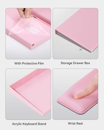 Laborio Computer Keyboard Stand with Storage Box, Keyboard Riser Wrist Rest for Desktop, Office Desk Organizer Accessories(Pink)