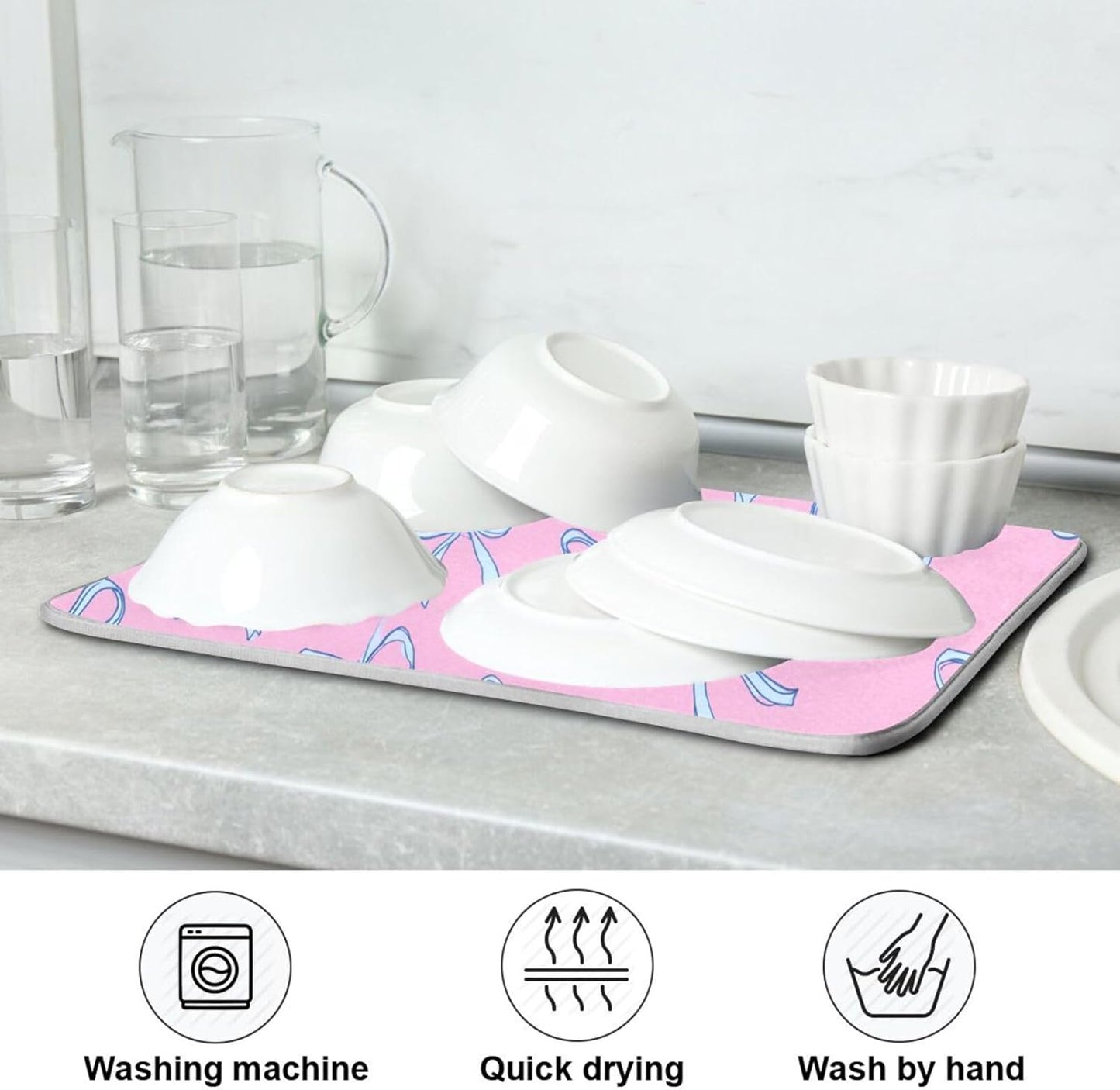 Bows Light Blue Dish Drying Mat Pink Cute Printed Dry Dishes Pads Mats,Absorbent Countertops Tableware Protector for Kitchen Counter Coffee Bar