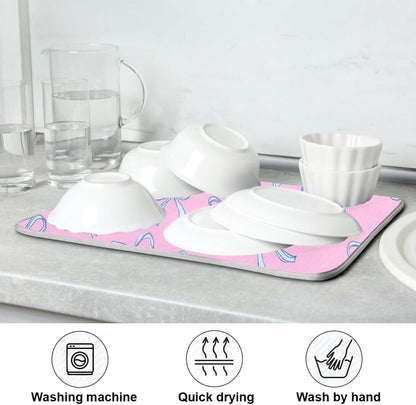 Bows Light Blue Dish Drying Mat Pink Cute Printed Dry Dishes Pads Mats,Absorbent Countertops Tableware Protector for Kitchen Counter Coffee Bar