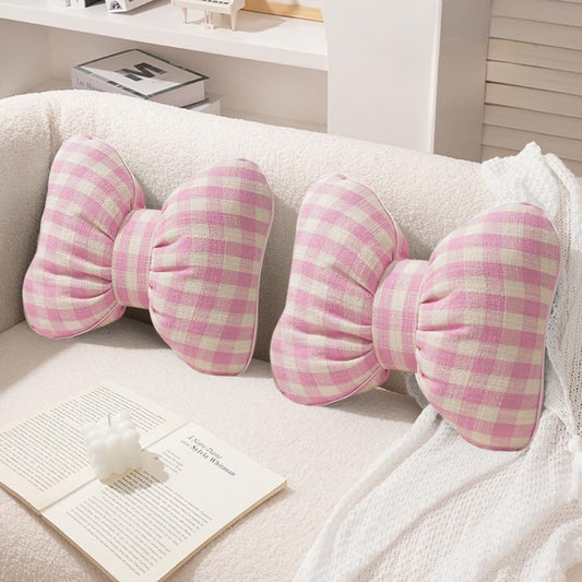 2PCS Cute Bow Shaped Pillow Checkered Knot Throw Pillows Aesthetic Chair Plush Cushion Stuffed Bow Lumbar Pillow for Bed Couch Living Room Dorm Decor