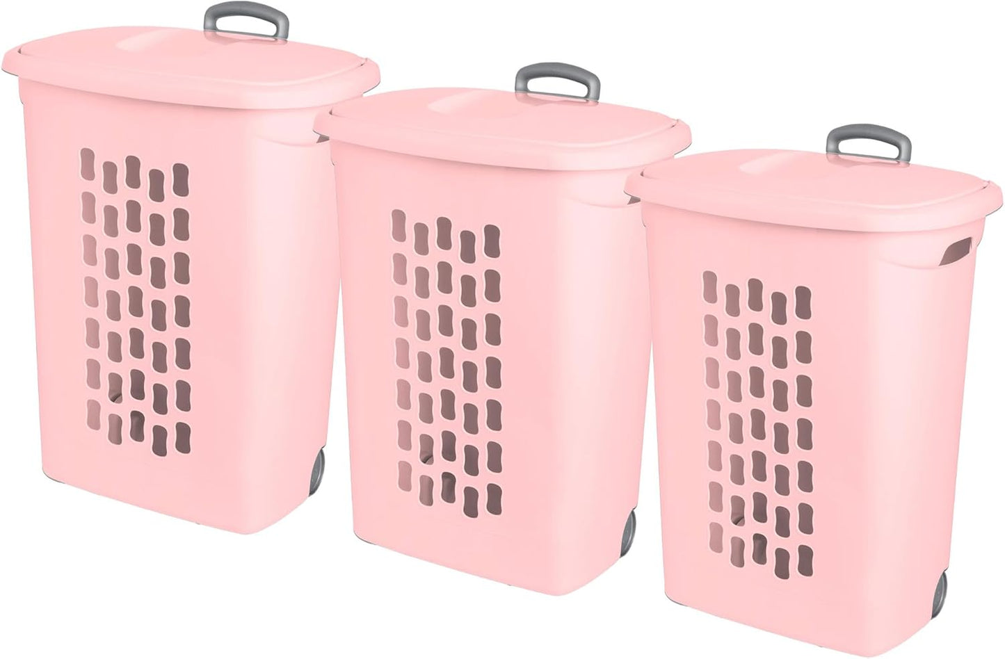Sterilite 3 Pack Ultra Wheeled Hamper, Plastic Laundry Basket Clothes Bin with Wheels, Flip Top Lid and Retractable Handle, Pink Frost
