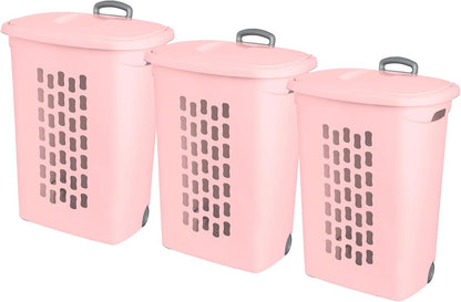 Sterilite 3 Pack Ultra Wheeled Hamper, Plastic Laundry Basket Clothes Bin with Wheels, Flip Top Lid and Retractable Handle, Pink Frost