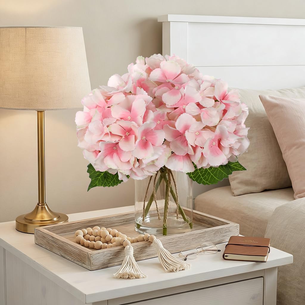 DILATATA Hydrangea Artificial Flowers with Glass Vase, Pink Real Touch Silk Hydrangea Arrangement with Faux Water, Small Faux Floral Centerpiece for Home Decor, Wedding, Bathroom, Shelf, Coffee Table