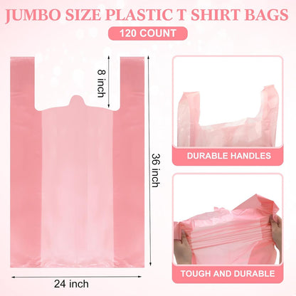 Qilery 120 Pcs Extra Large Pink T- Shirt Bags Bulk 36" x 8" x 24" Jumbo Size Plastic Shopping Grocery Retail Trash Bags with Handle for Business, Retails, Restaurant, Grocery, Take Out, Supermarket
