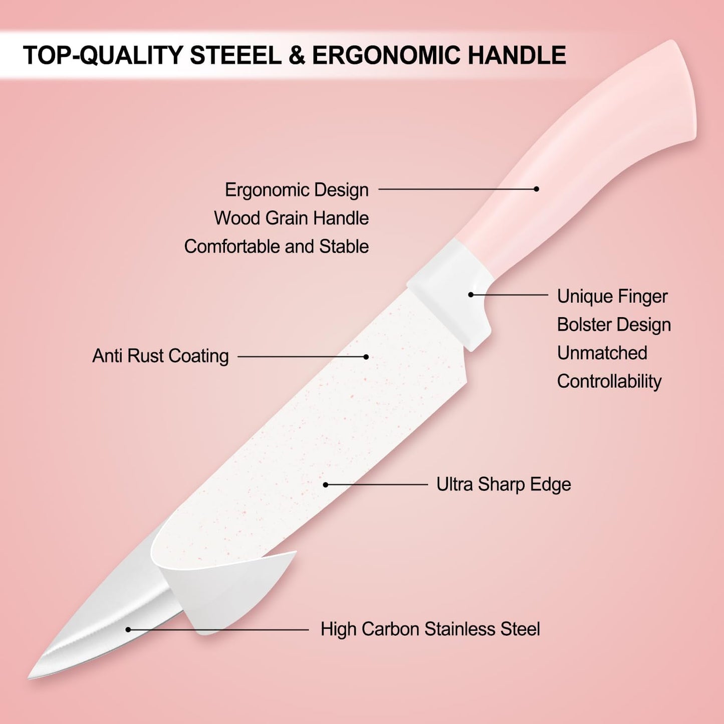 Knife Set, 15 Pcs Pink Kitchen Knife Set, Anti-Rust Non Stick Stainless Steel Sharp Pink Chef Knife Sets with Block, Ergonomic Non-slip Handle Knife Block Set with Steak Knife, Bread Knife, Scissors