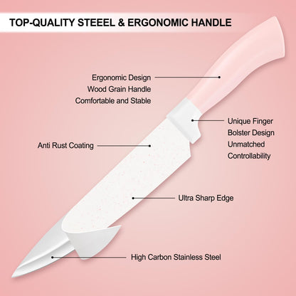 Knife Set, 15 Pcs Pink Kitchen Knife Set, Anti-Rust Non Stick Stainless Steel Sharp Pink Chef Knife Sets with Block, Ergonomic Non-slip Handle Knife Block Set with Steak Knife, Bread Knife, Scissors