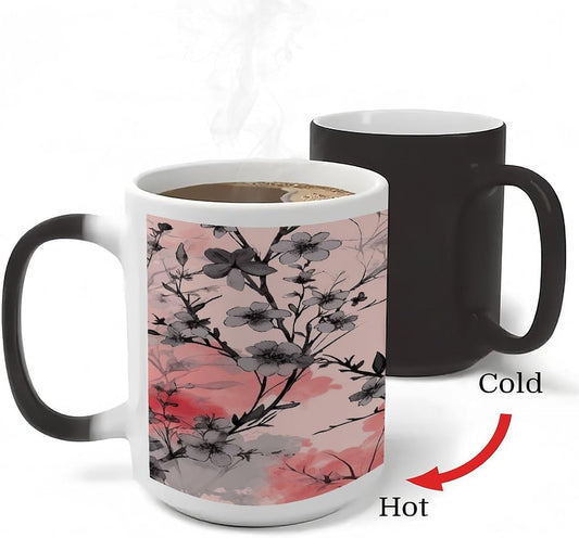 Flowers on Peach Background Color Changing Mugs Heat Sensitive Coffee Mug 11 Oz Novelty Ceramic Cup with Handle Magic Cups Temperature Changing Coffee Tumblers for Women Men Funny Gifts