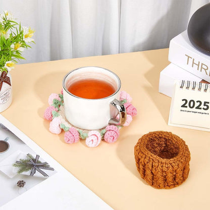 Handmade Flower Crochet Coaster Set Wool Yarn Hot Pads with Flower Basket Hand-Crocheted Rose Coaster Soft Decorative Drink Coasters for Coffee Tabletop Protection Home Decor Pearl Pink