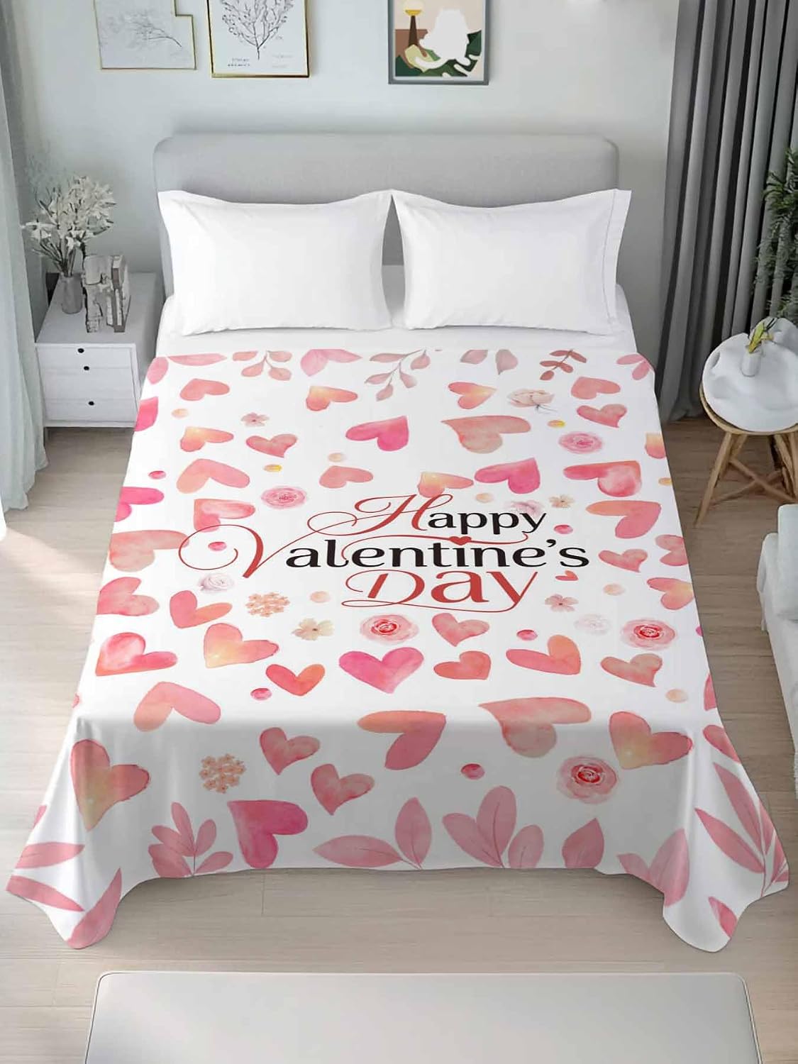 Valentine's Day Full Size Sheets - Hotel Quality Full Flat Sheet Only 1 Pack, Peach Pink Love Floral Modern Romantic Soft Bed Sheet Brushed Microfiber Bedding Top Sheets for Home Dorm