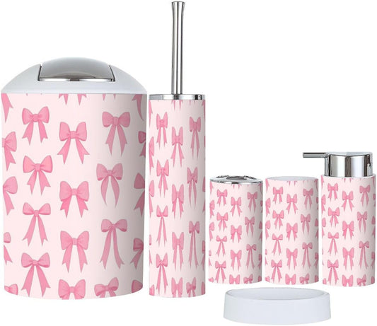 Bathroom Accessory Set 6 Piece Boho Cute Coquette Seamless Pattern Bow Delicate Pink Trendy Patterned Trash can, Toothbrush Holder, Soap Dispenser, Soap Dish, Toothbrush Cup, Toilet Brush Holder