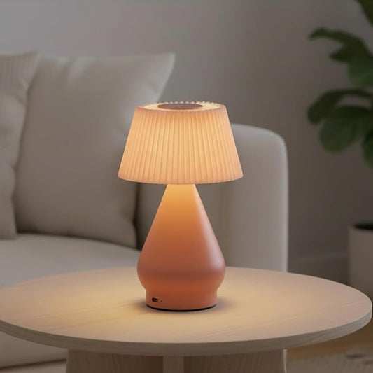 Modern Pink Small Cordless Table Lamp Rechargeable, Portable LED Desk Lamp,Touch Control 3 Colors Stepless Dimming with Pleated Lampshade for Restaurant Bedroom Office Outdoor Camping 1 Pack