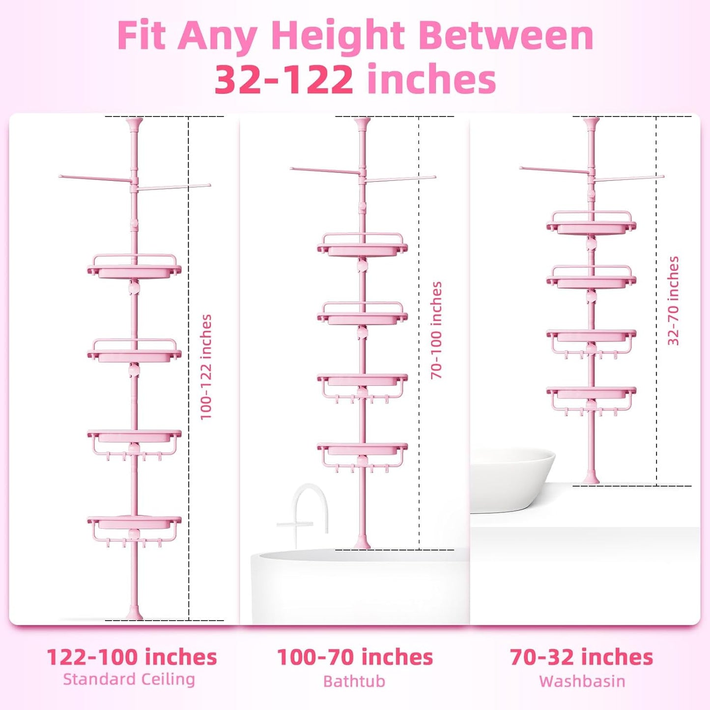 XLHOMO 32-122inch Corner Shower Caddy Tension Pole Pink, Rustproof Drill-Free Shower Shelves for Bathroom Bathtub Washbasin, Adjustable Shower Organizer with 4 Tier Patent Stable Shelves & Towel Bars