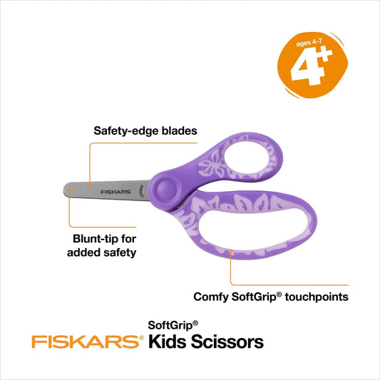 Fiskars 5" SoftGrip Blunt-Tip Scissors for Kids Ages 4-7 (3-Pack), Scissors for School or Crafting, Back to School Supplies, Blue, Purple, and Pink Designs