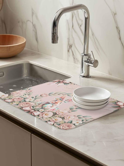 Kitchen Drying Mat Set of 1, Easter Rabbit Rose Flower Absorbent Microfiber Dish Drying Rack Drying Mat, Spring Pastoral Floral Light Pink Dish Drying Pad for Countertop
