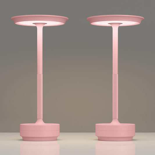 TBBGA 2 Pack Rechargeable Cordless Table Lamps, Portable 5000mAh Outdoor Table Light, 3 Color Stepless Dimming LED Table Lamp with Memory Function, for Home/Dinner/Patio/Restaurant.(Pink)