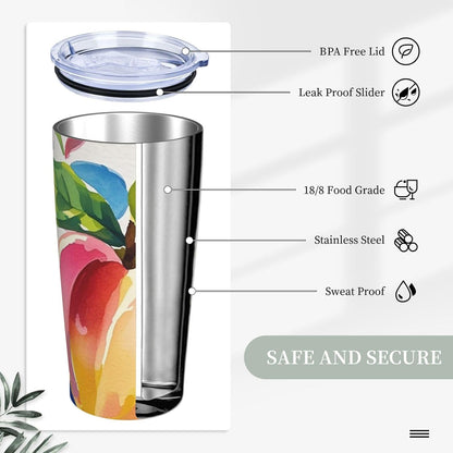 Colorful Peach Watercolor 20oz Tumbler Stainless Steel Insulated Travel Tumblers Leakproof Travel Coffee Mug With Lid And Straw Water Bottle Drink Tumbler Cups Gifts For Women Men Lovers