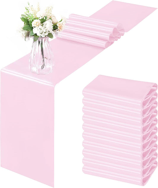 Horbaunal 12 Pack Light Pink Satin Table Runner 12 x 108 Inch, Smooth Table Runners for Wedding Banquets Birthday Party